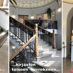 Grafiikalla varustetut reittiohjeet siitä kuinka liikkua Kallion kirjaston ylimmän kerroksen näyttelytilaan